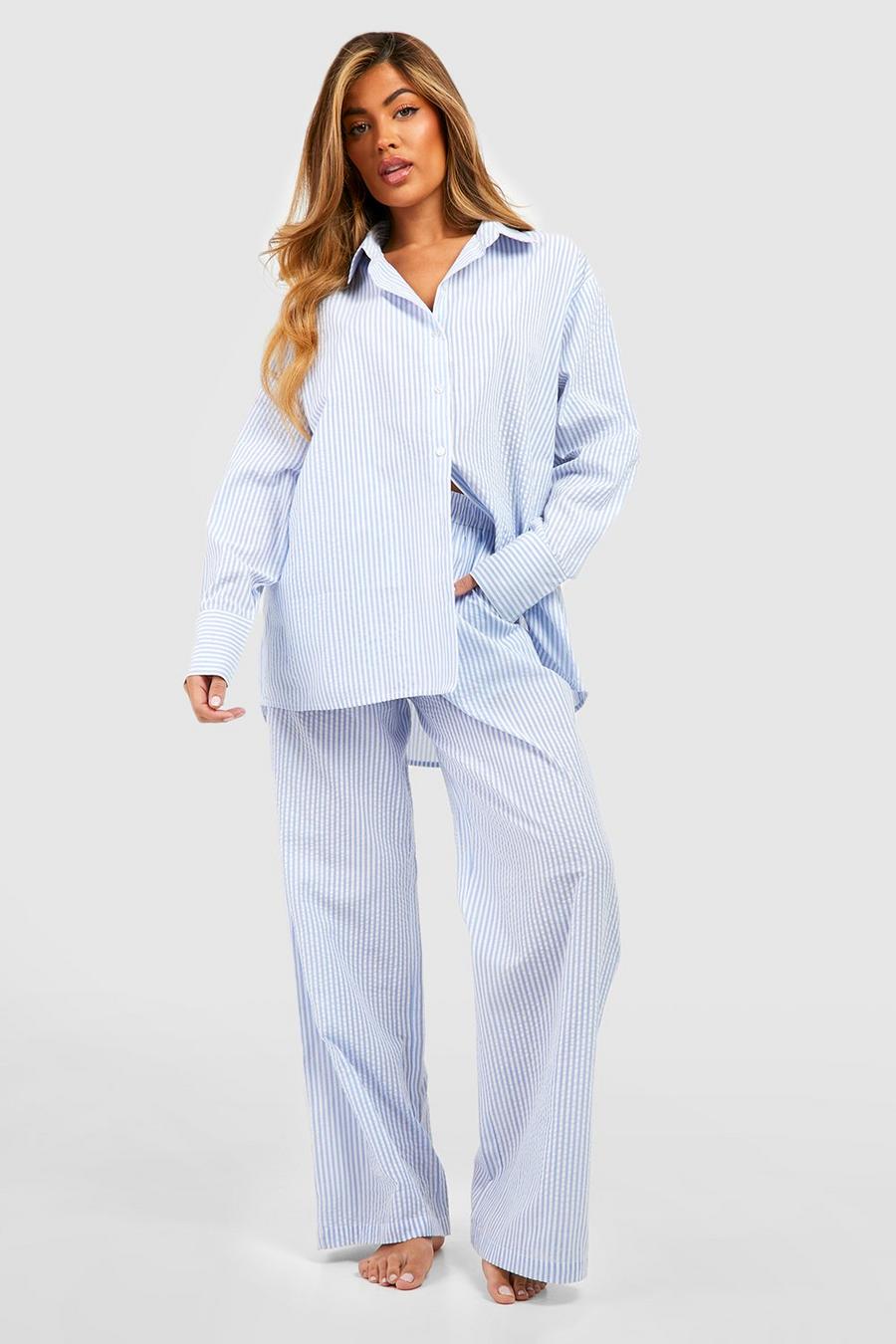 Blue Kritstrecksrandiga pyjamasbyxor i bomull image number 1