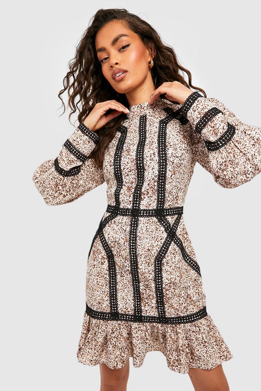 Khaki Printed Lace Detail Frill Hem Mini Dress image number 1