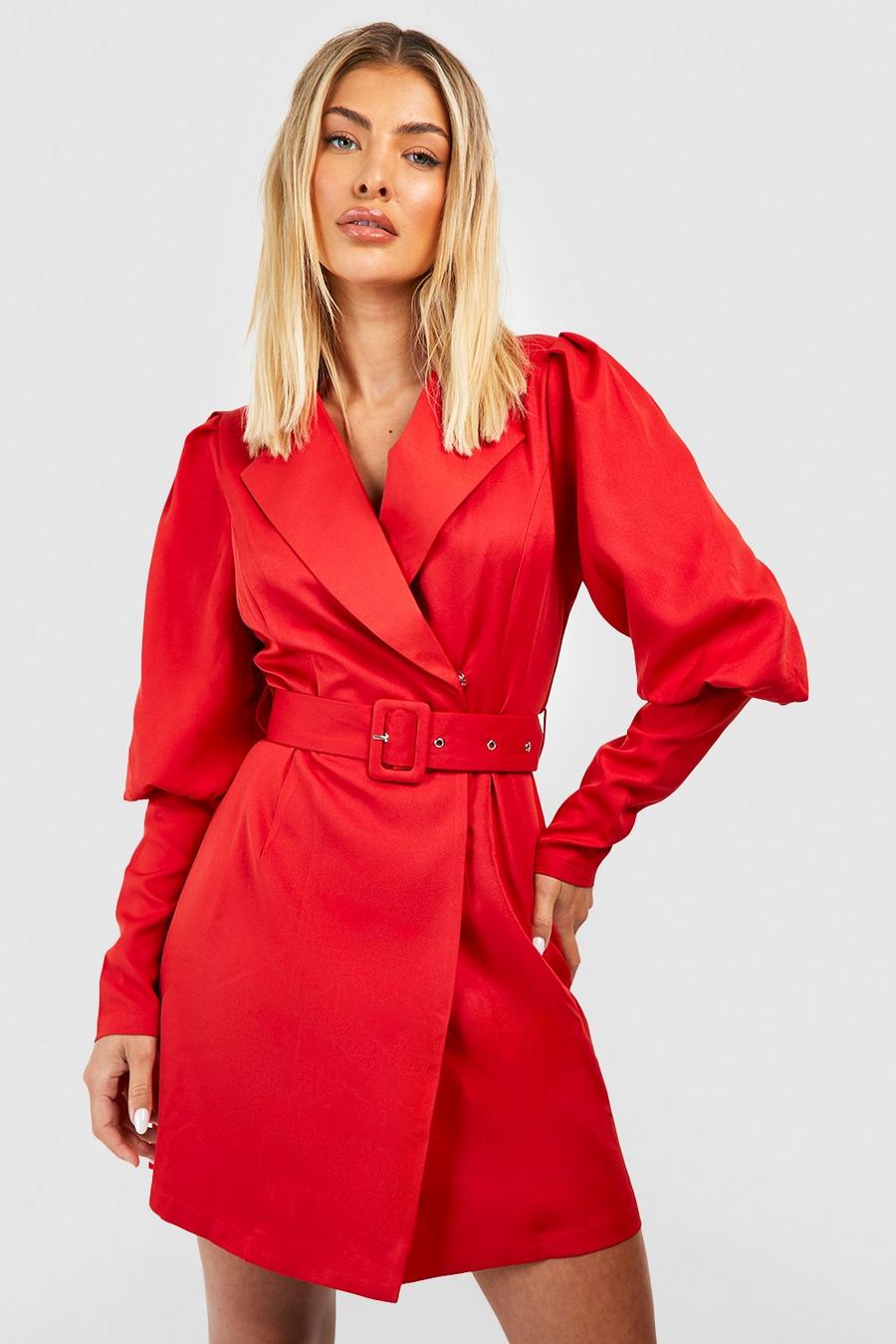Red Woven Puff Sleeve Blazer Dress