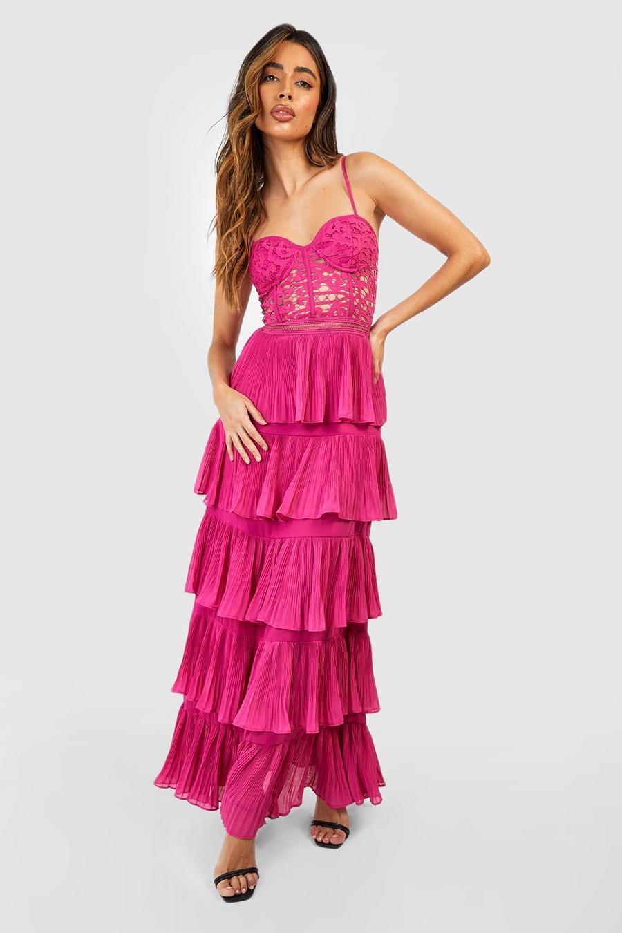 Hot pink rose Lace Corset Detail Pleated Maxi Dress