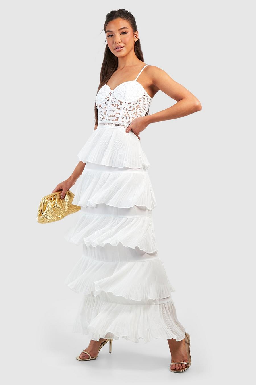 Vestito maxi in pizzo con pieghe e dettagli stile corsetto, White image number 1