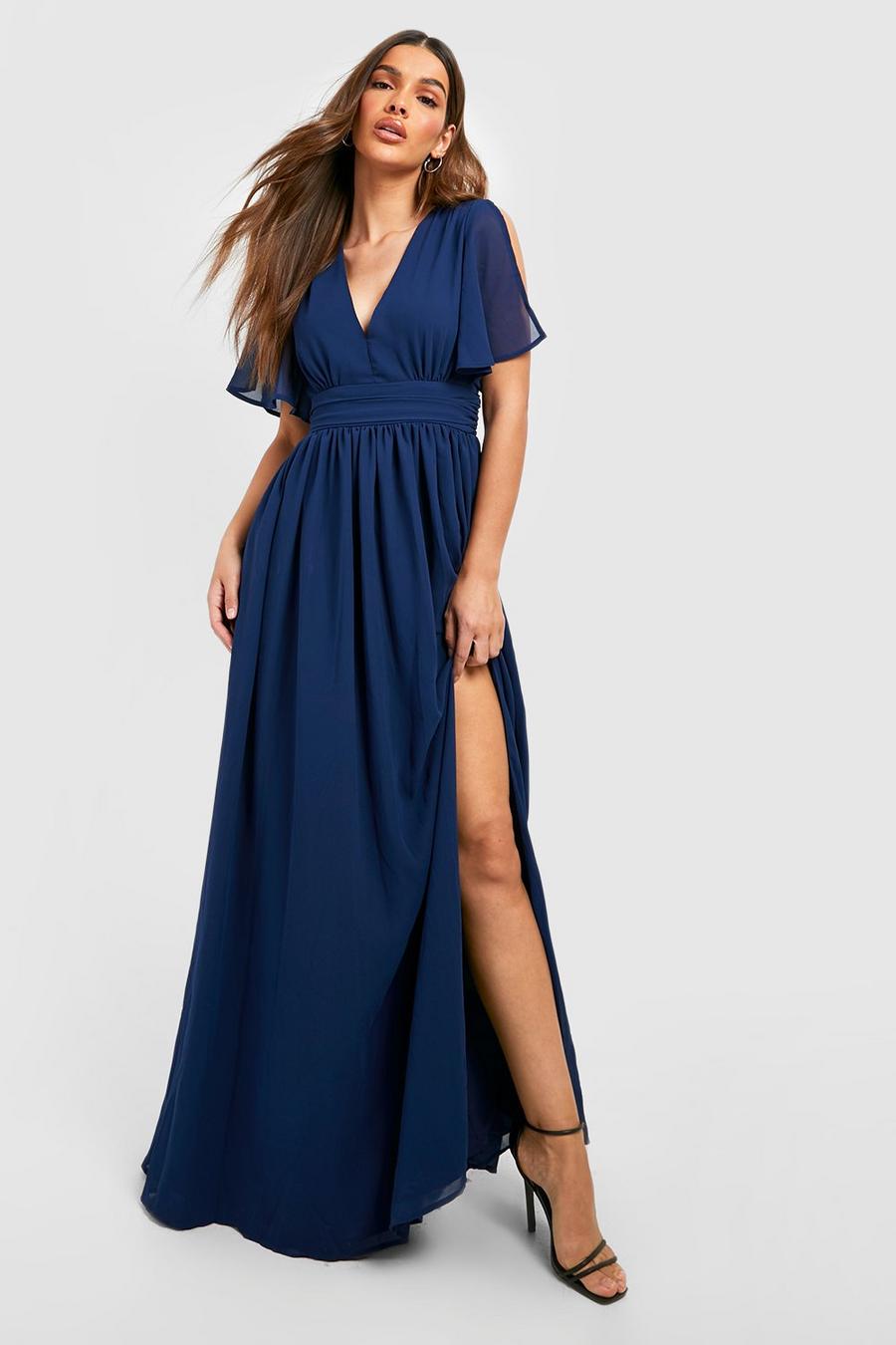 Navy marinblå Chiffon Plunge Rouched Maxi Dress image number 1