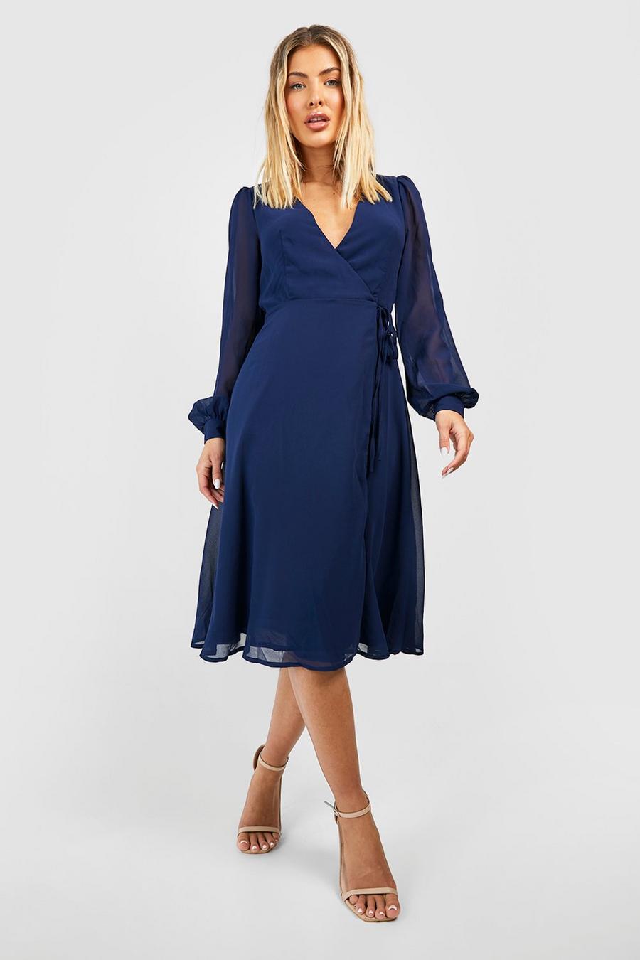 Chiffon Wrap Long Sleeve Midi Dress, Navy azul marino