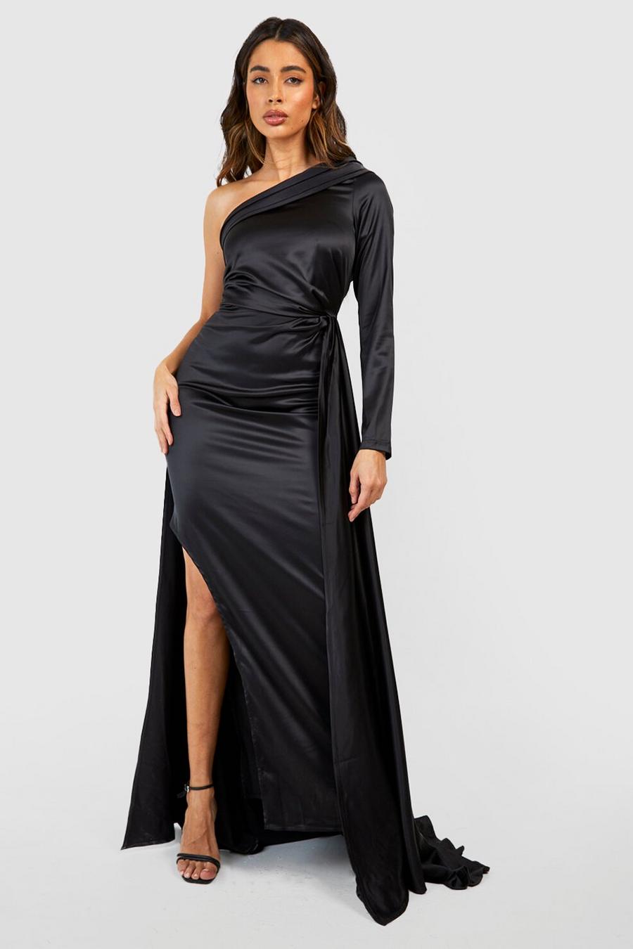 Black Satin Asymmetric Draped Maxi Dress