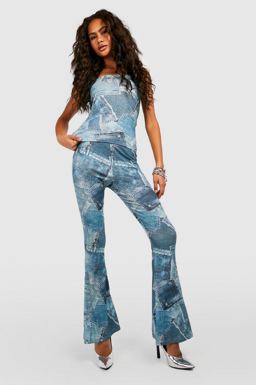 Blue Denim Printed Mid Waist Flared Trousers image number 1