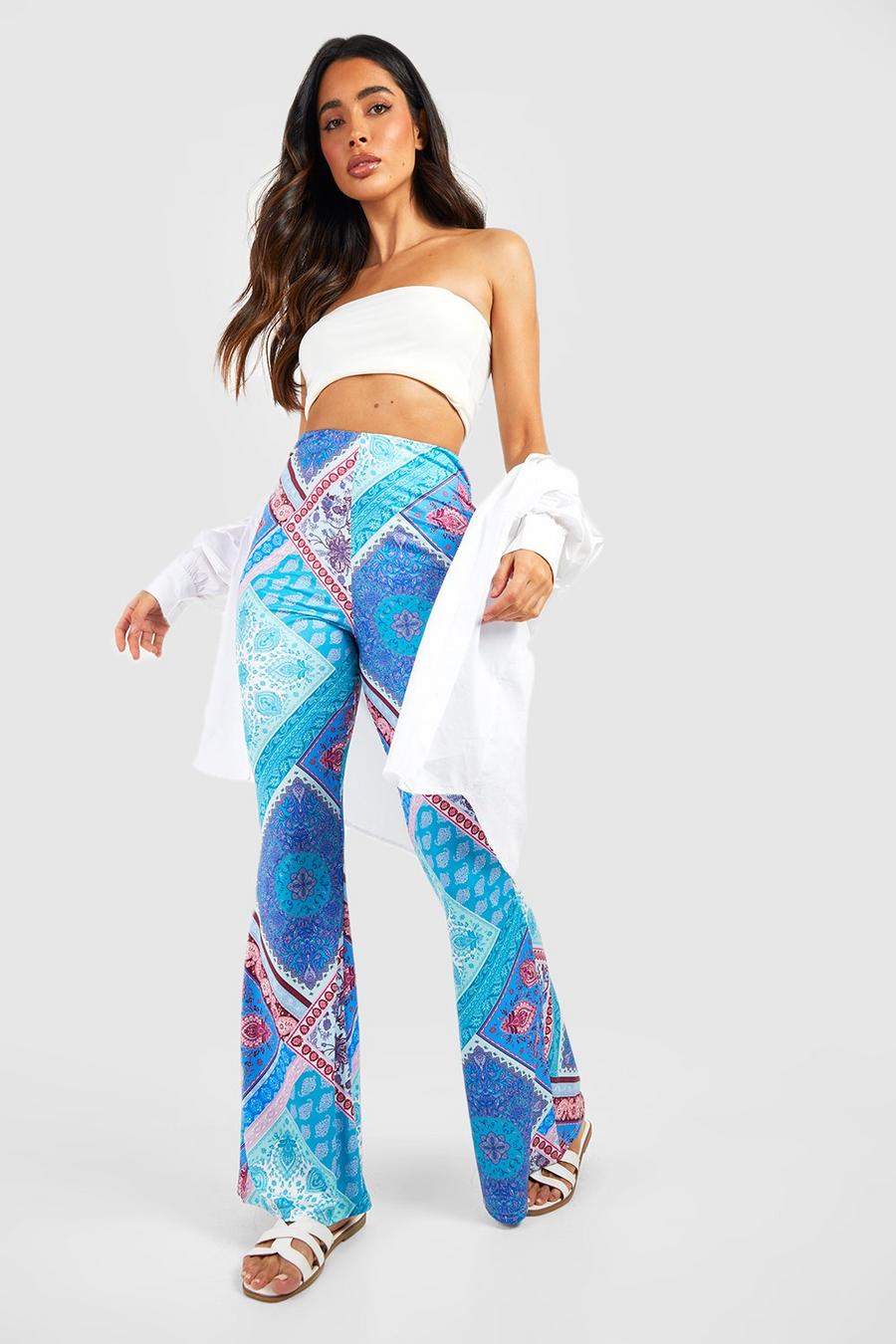 Blue Scarf Printed Slinky Flared Trousers image number 1