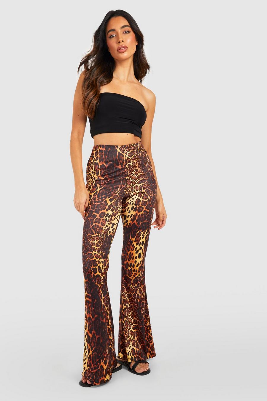 Tan Leopard Printed Slinky Flared Trousers image number 1