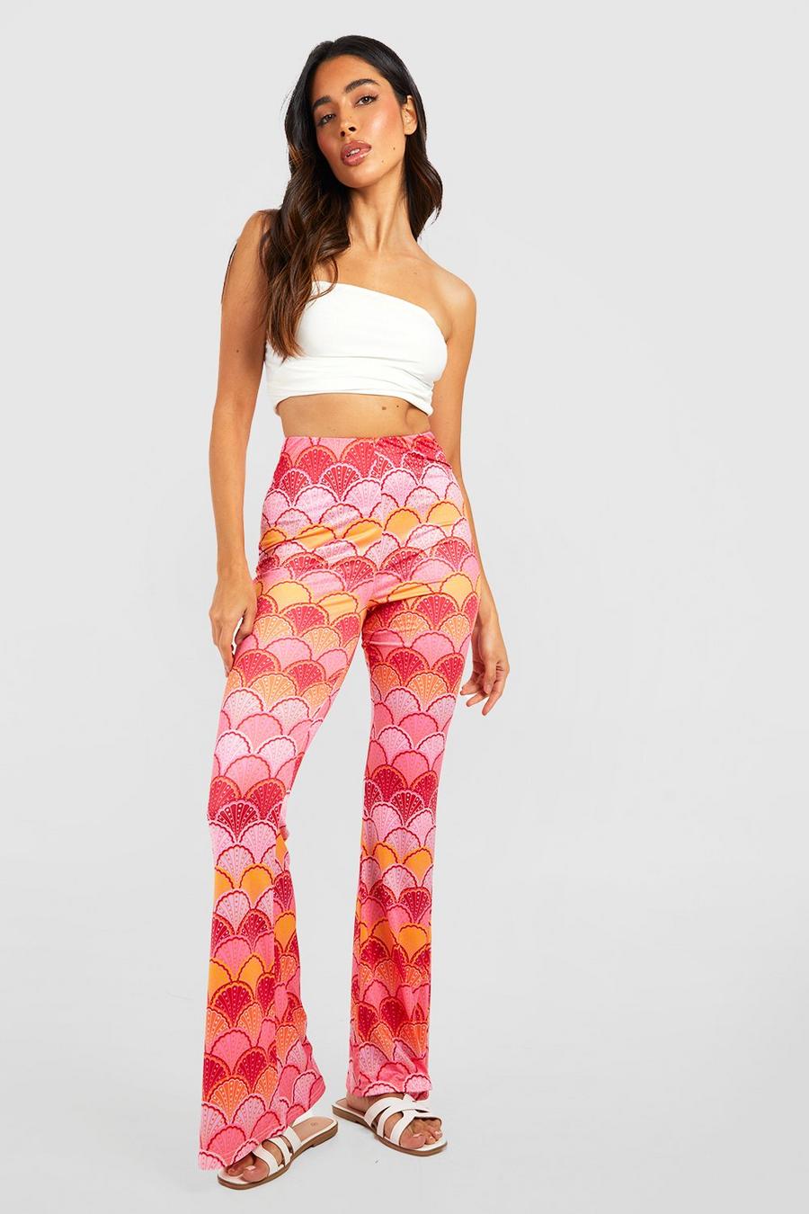 Pink Scallop Printed Slinky Flared Pants image number 1