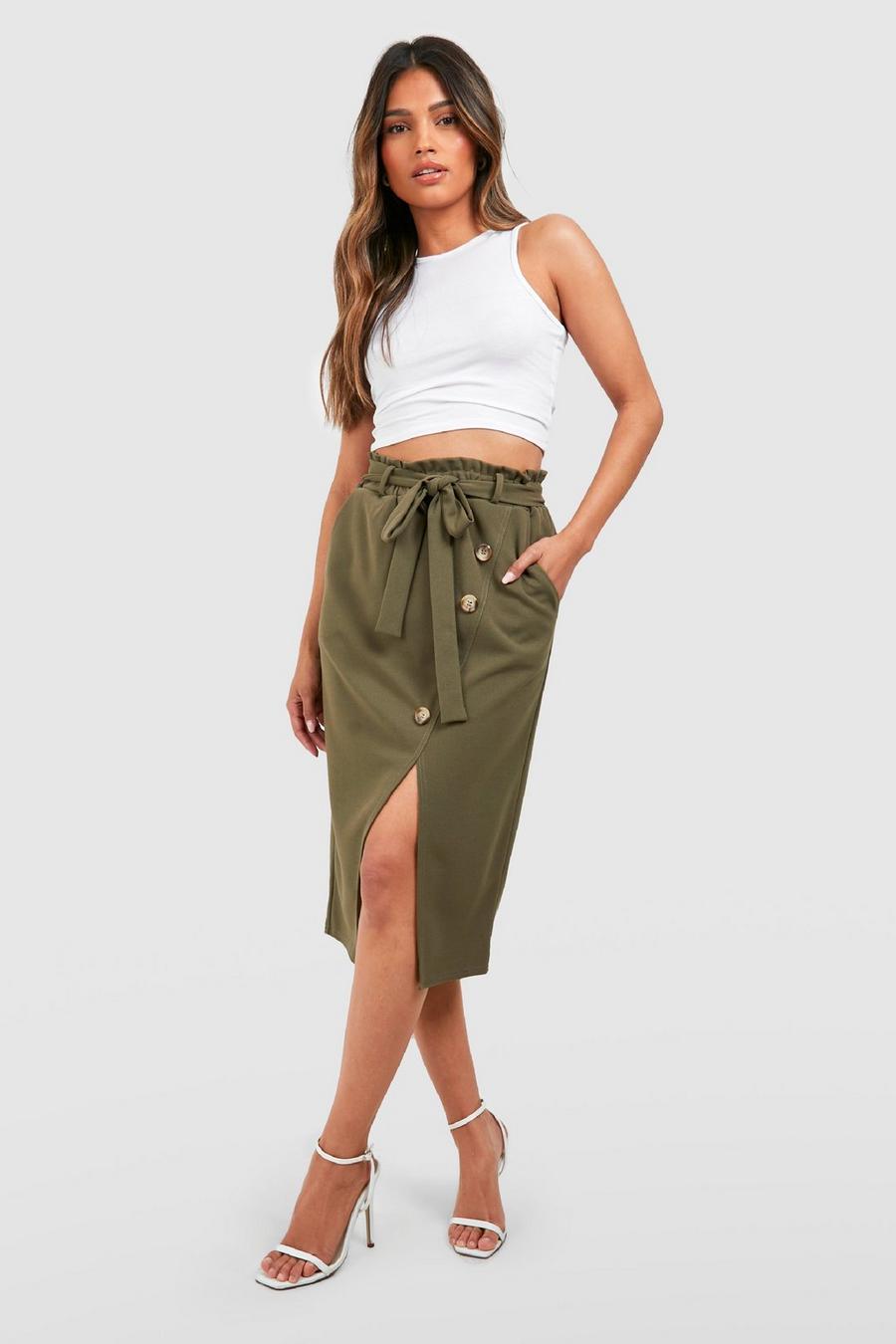 Khaki Belted Button Front Pencil Skirt
