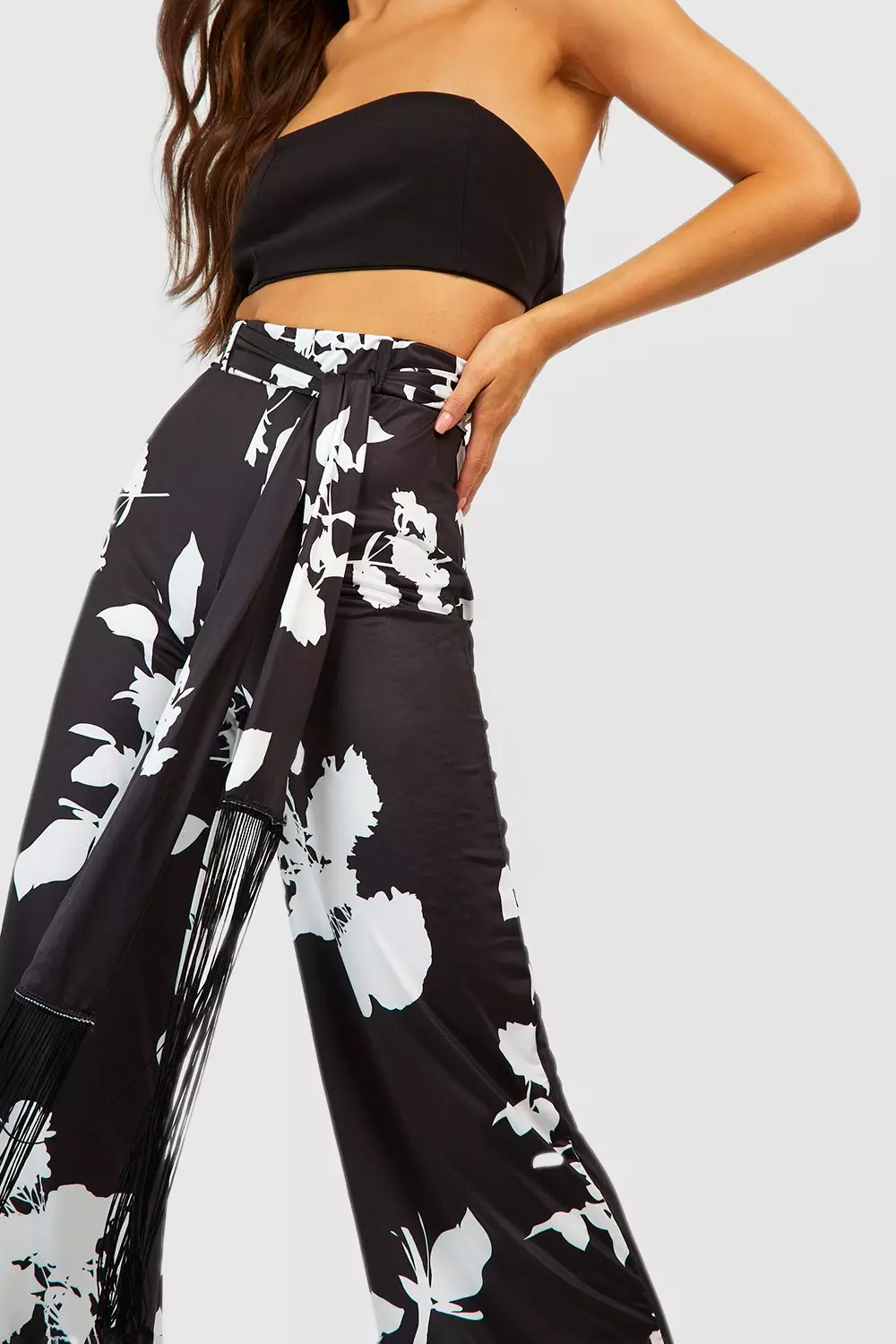 Black floral wide leg trousers hotsell