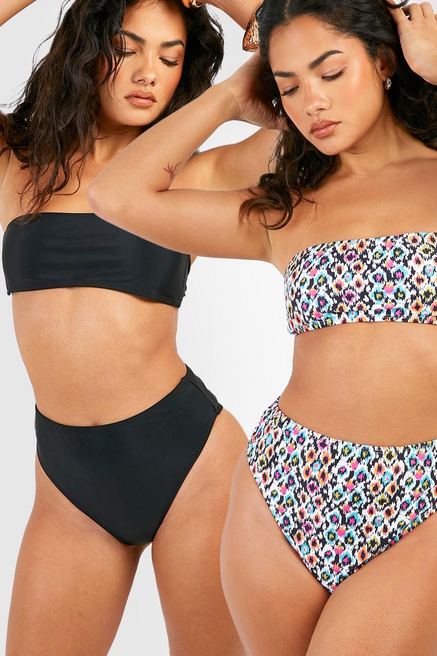 Set bikini a fascia in tinta unita & con stampa - set di 2 paia image number 1
