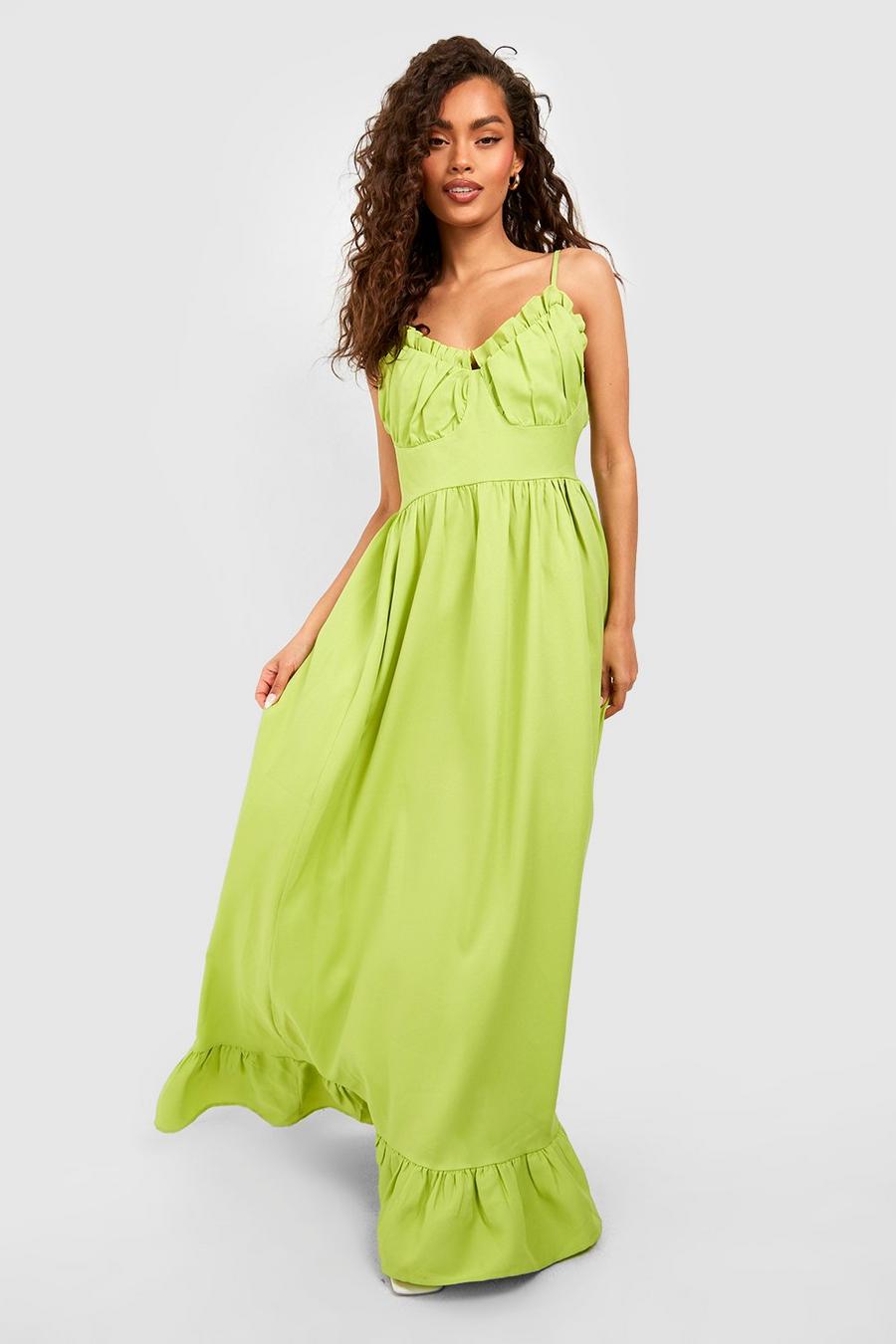 Lime vert Ruched Bust Frill Hem Maxi Dress