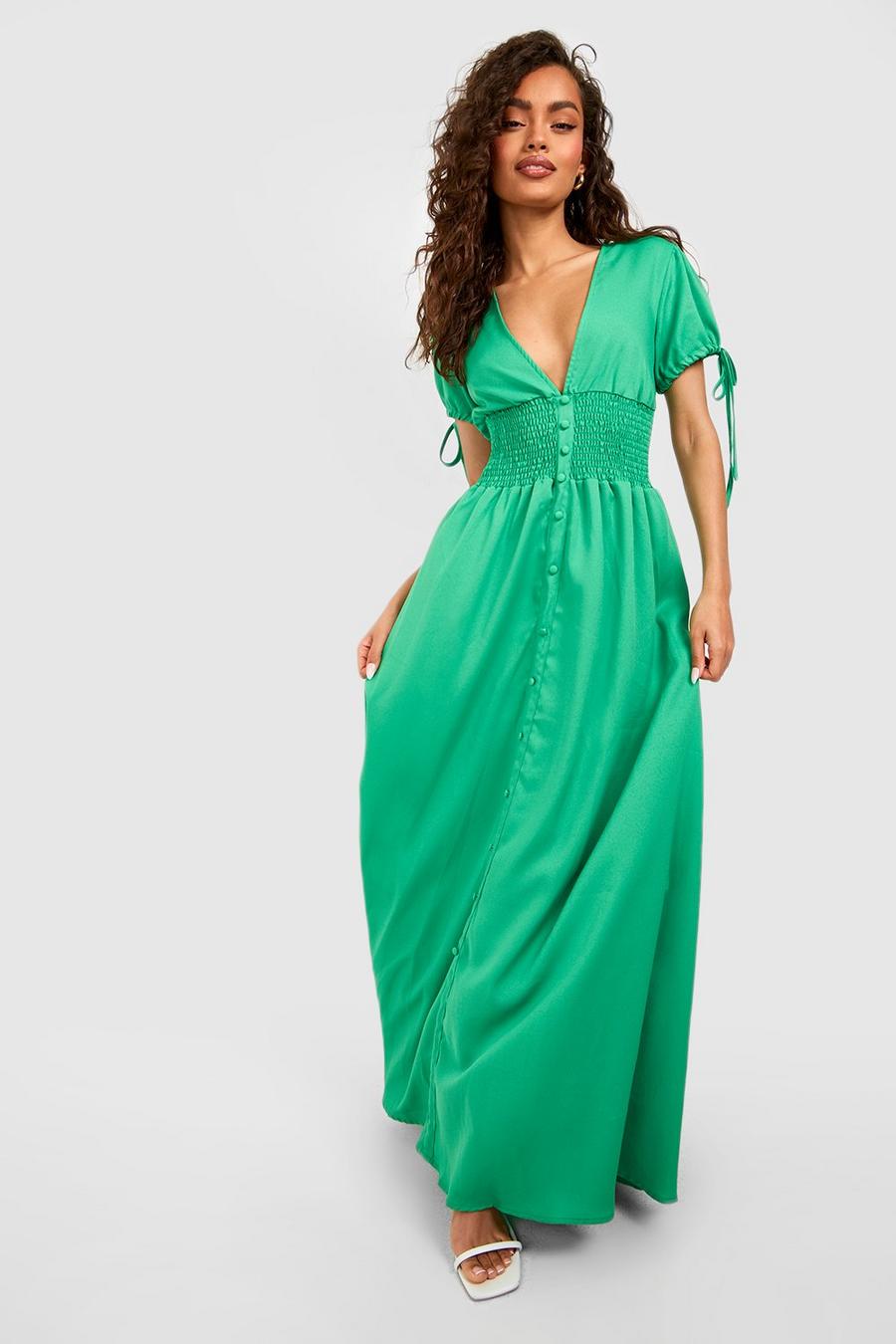 Green Shirred Waist Maxi Dress