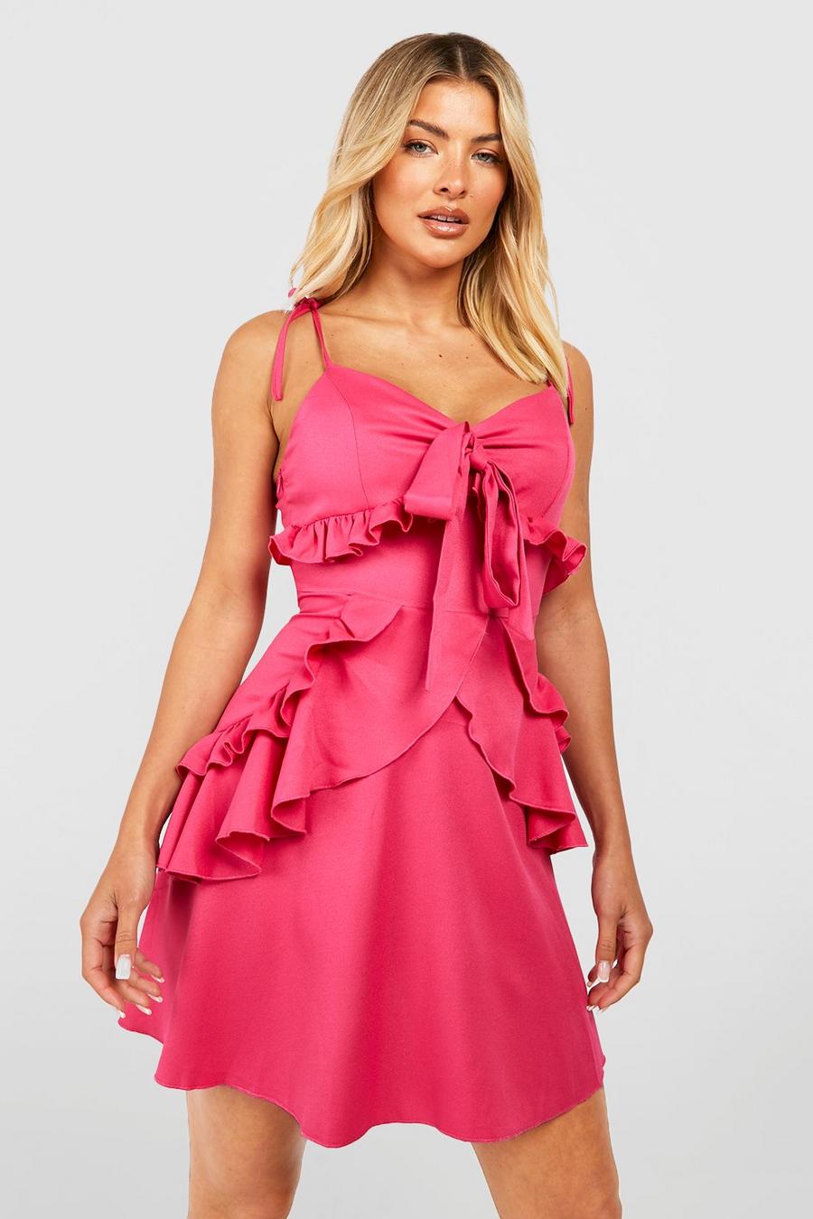 Hot pink Tiered Ruffle Tie Detail Swing Dress image number 1