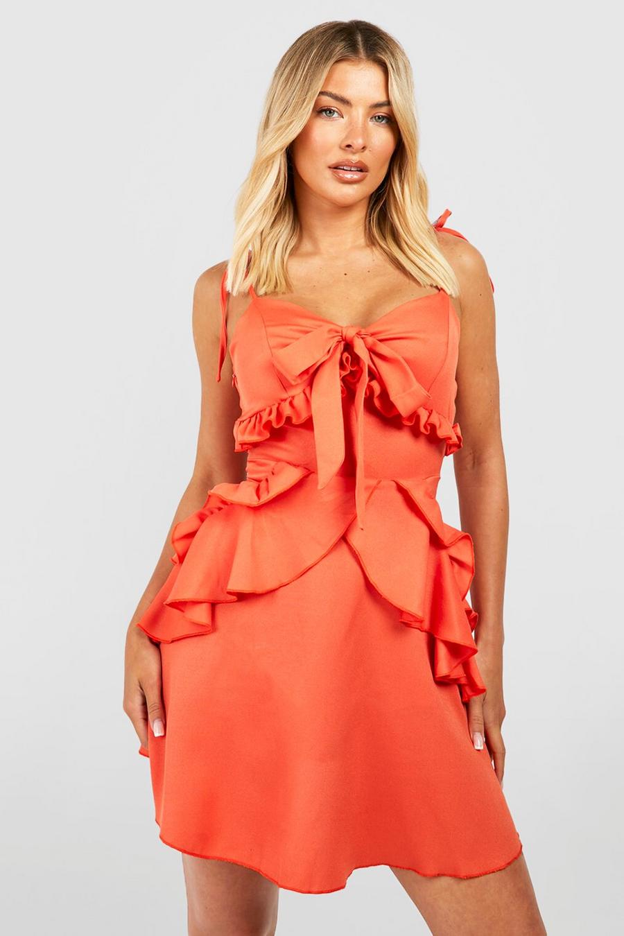 Orange Tiered Ruffle Tie Detail Swing Dress