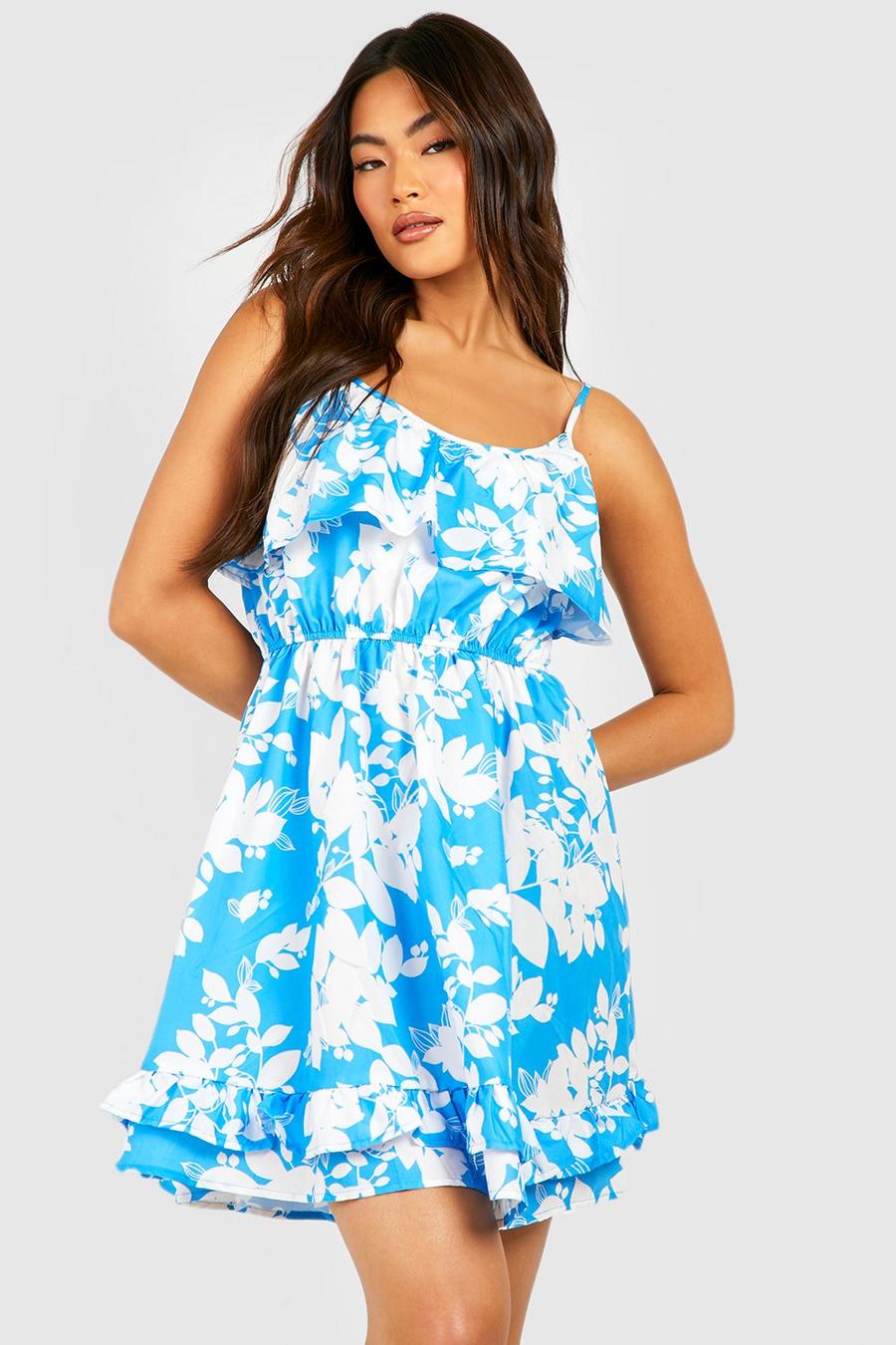 Blue Floral Strappy Frill Detail Swing Dress image number 1