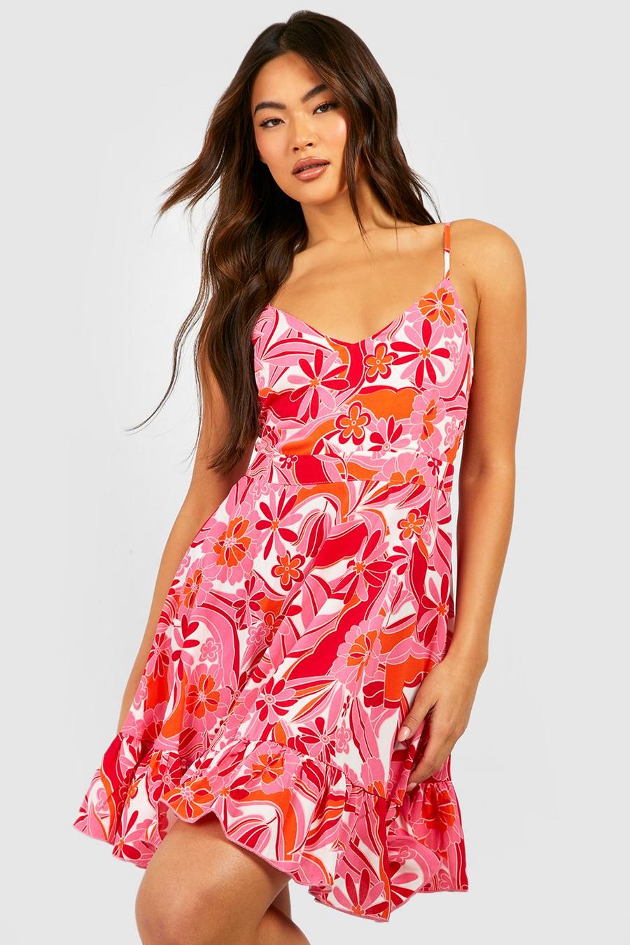 Pink Floral Print Tie Back Ruffle Swing Dress image number 1