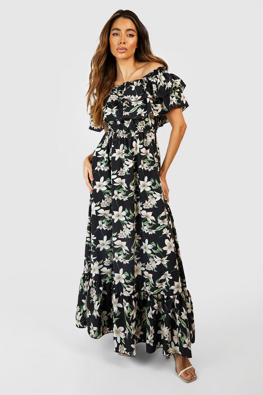 Black Floral Ruffle Off The Shoulder Maxi Dress image number 1