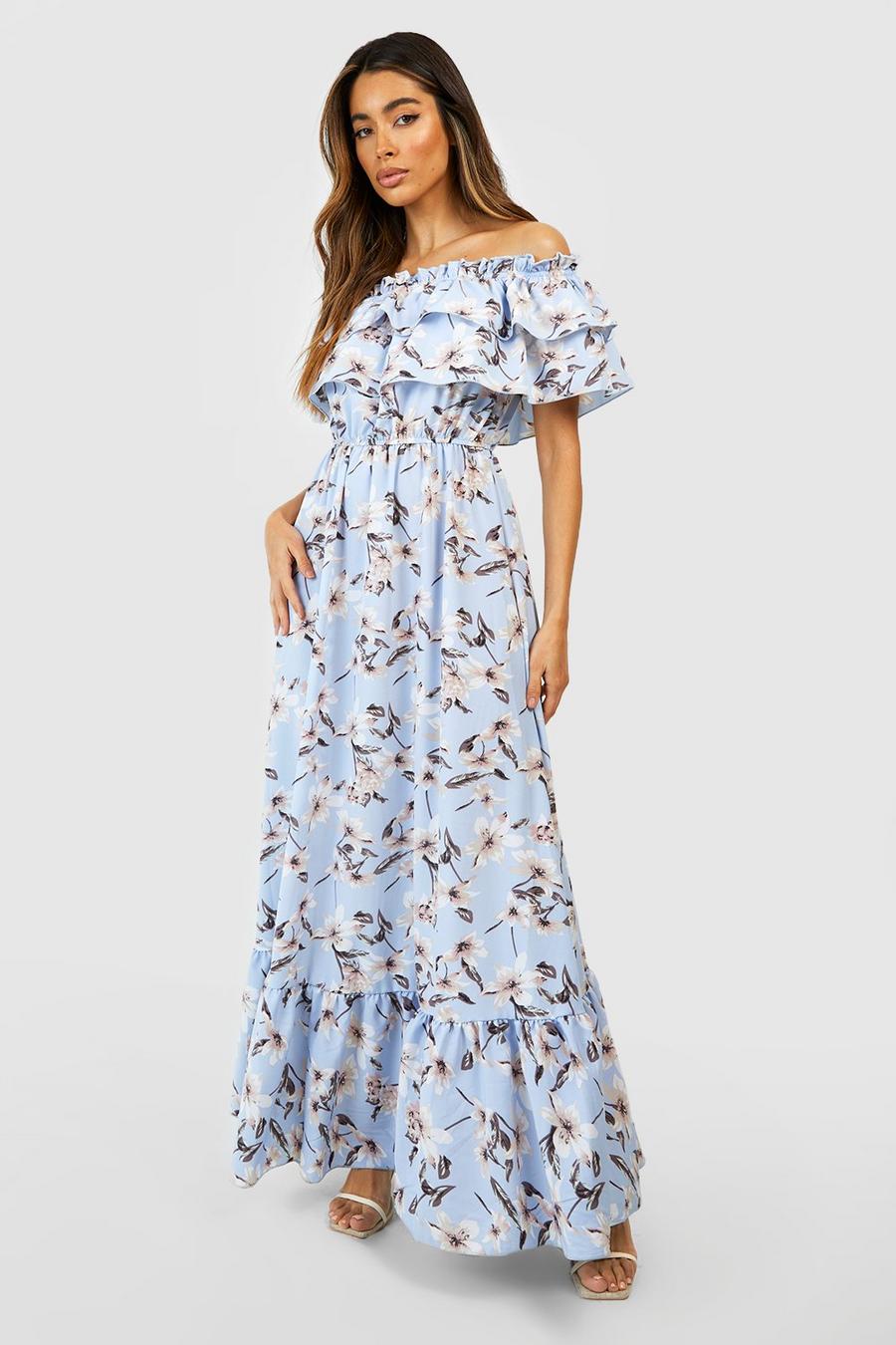 Blue Floral Ruffle Off The Shoulder Maxi Dress image number 1