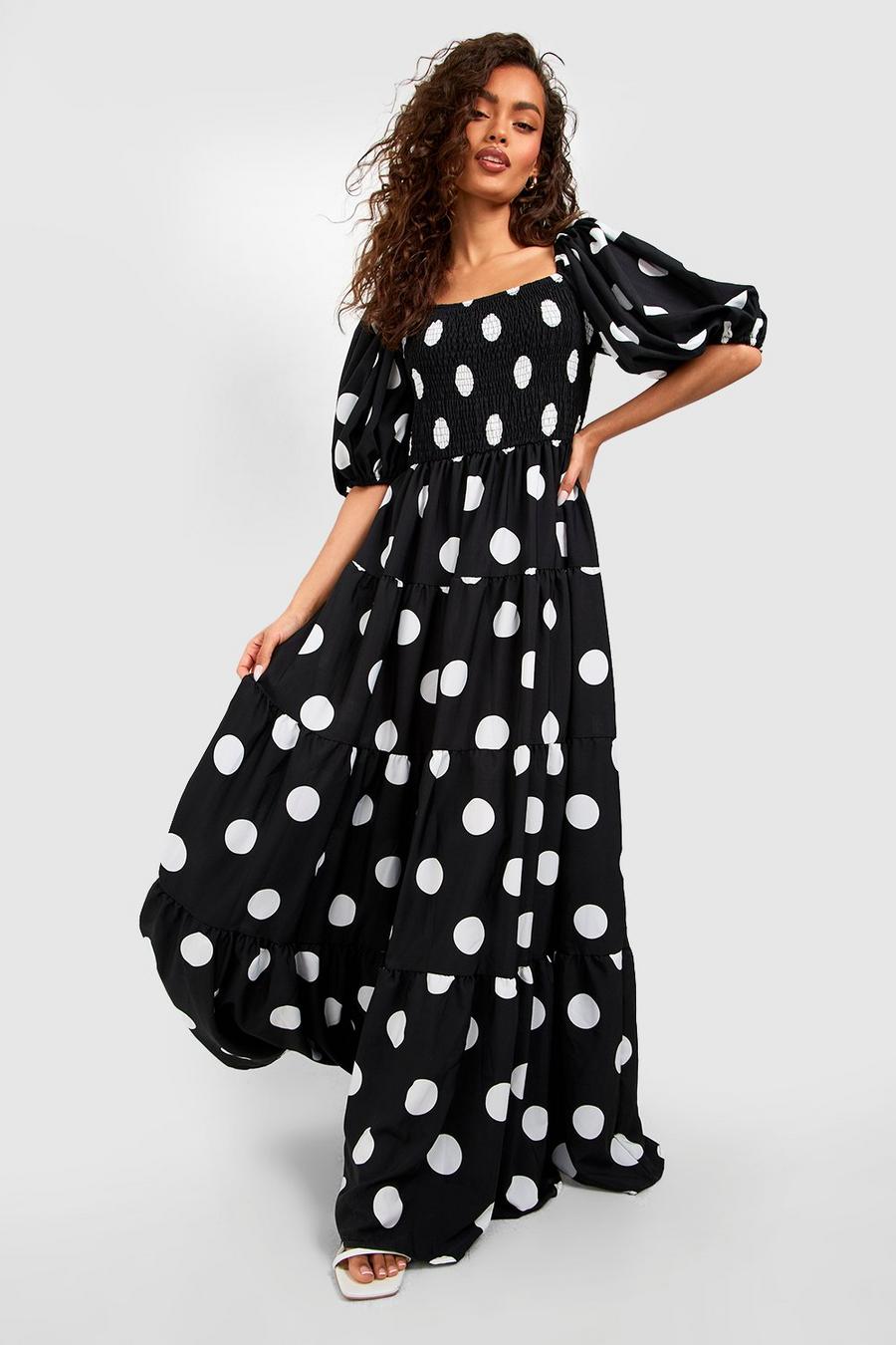 Women's Polka Dot Extreme Puff Sleeve Shirred Maxi Dress | Boohoo UK