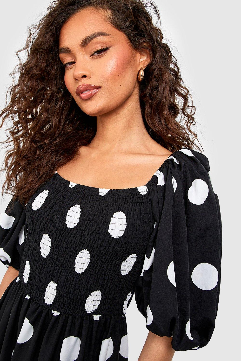 Black polka dot 2025 puff sleeve dress