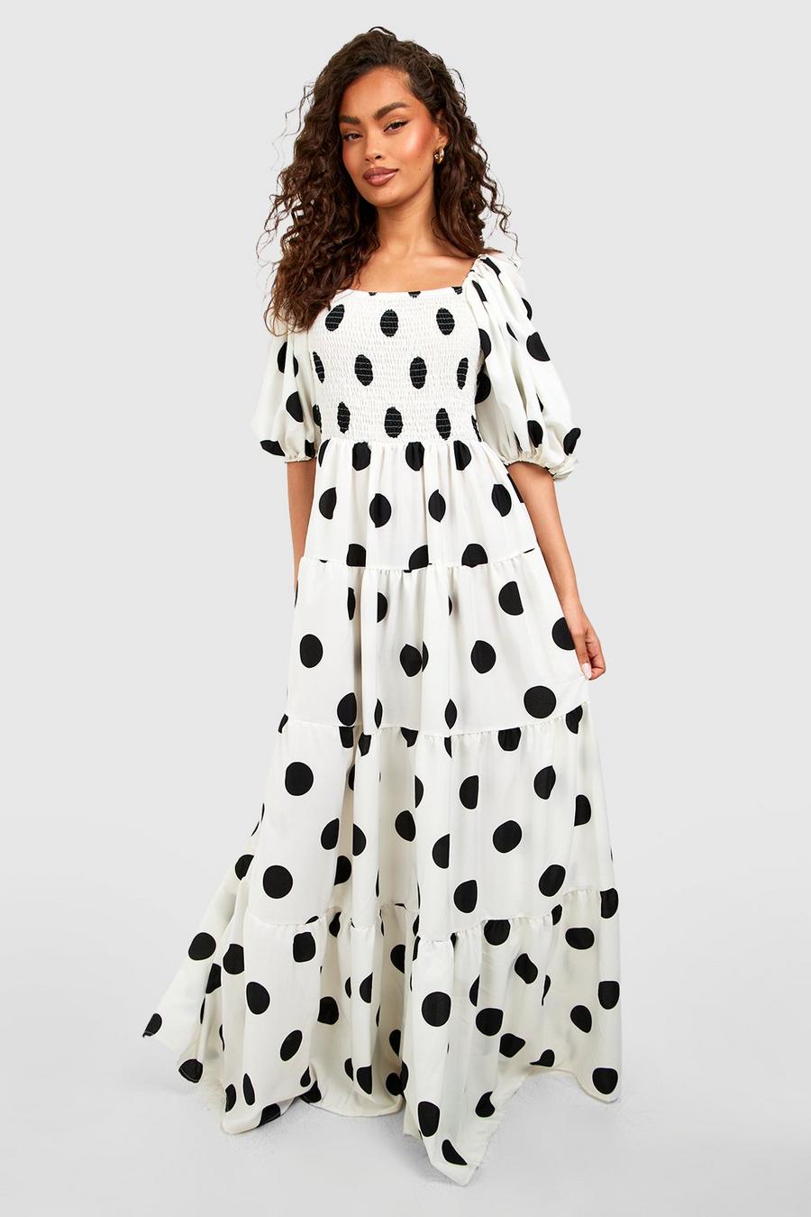 White Polka Dot Extreme Puff Sleeve Shirred Maxi Dress image number 1