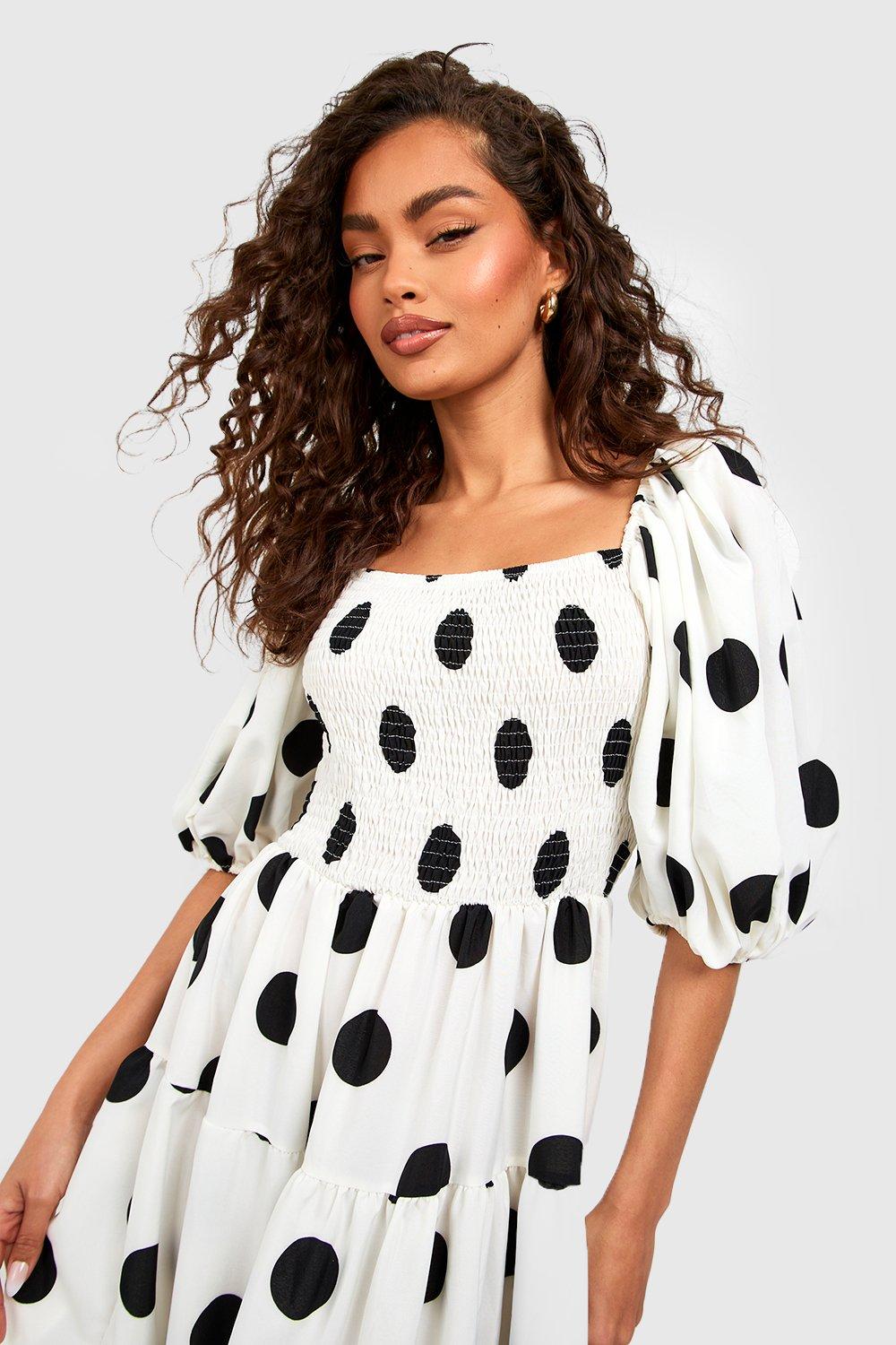 Polka Dot Extreme Puff Sleeve Shirred Maxi Dress | boohoo