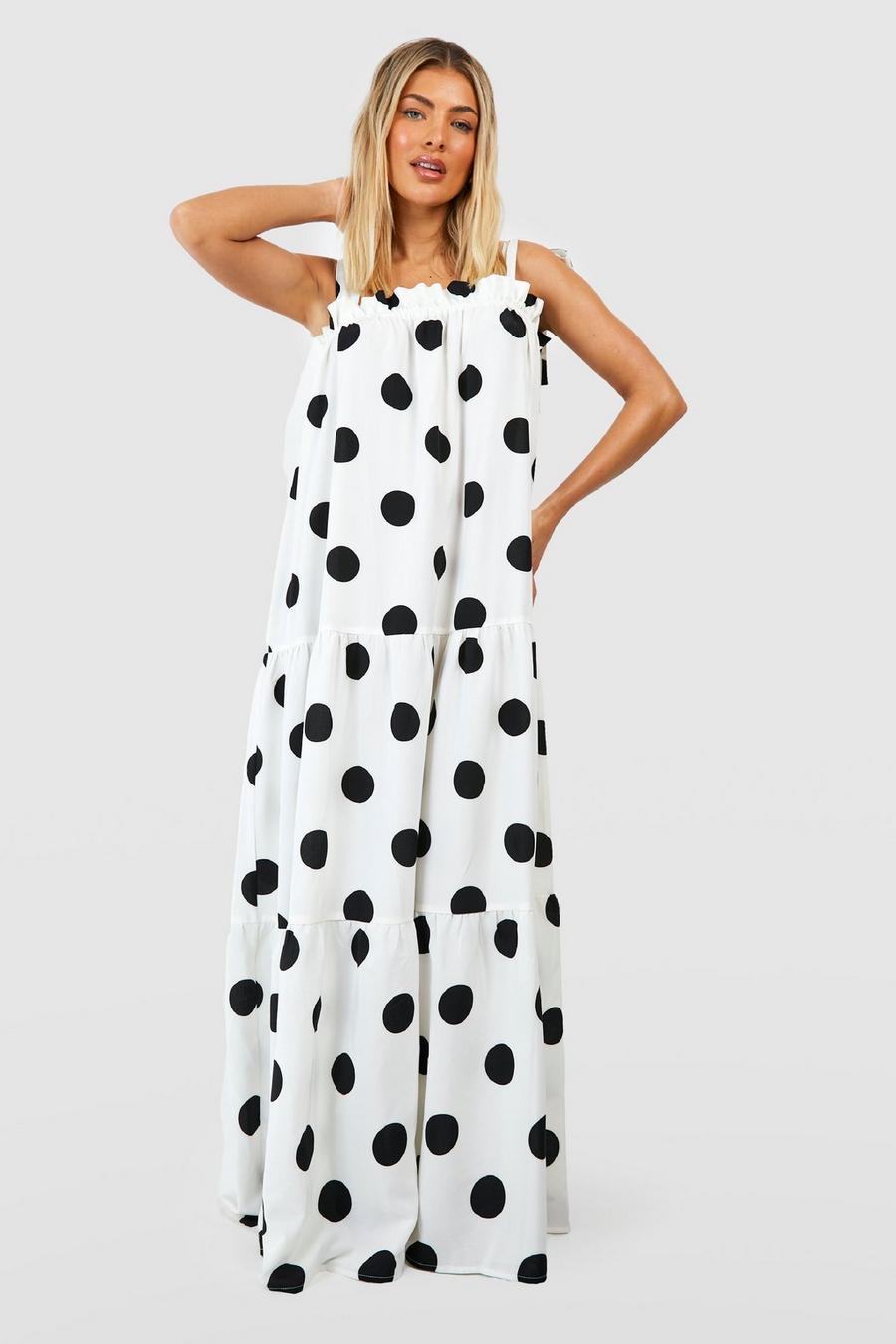 White Oversized Polka Dot Shirred Maxi Dress