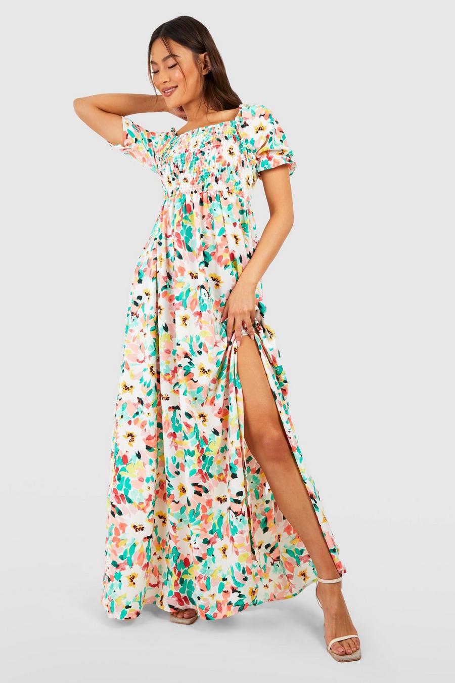 Multi multicolor Floral Square Neck Shirred Maxi Dress