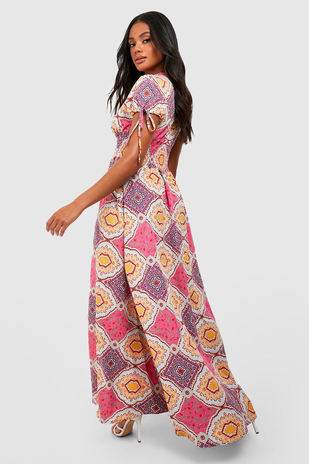 Shirred waist scarf sales print maxi dress