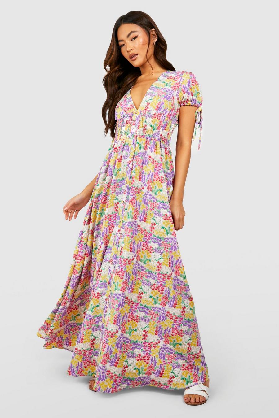 Multi Floral Print Shirred Waist Maxi Dress image number 1