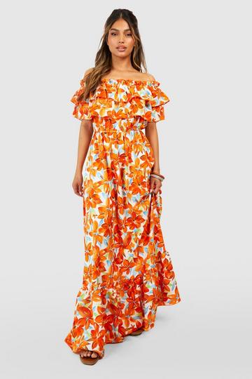 Orange Floral Off The Shoulder Ruffle Maxi Dress
