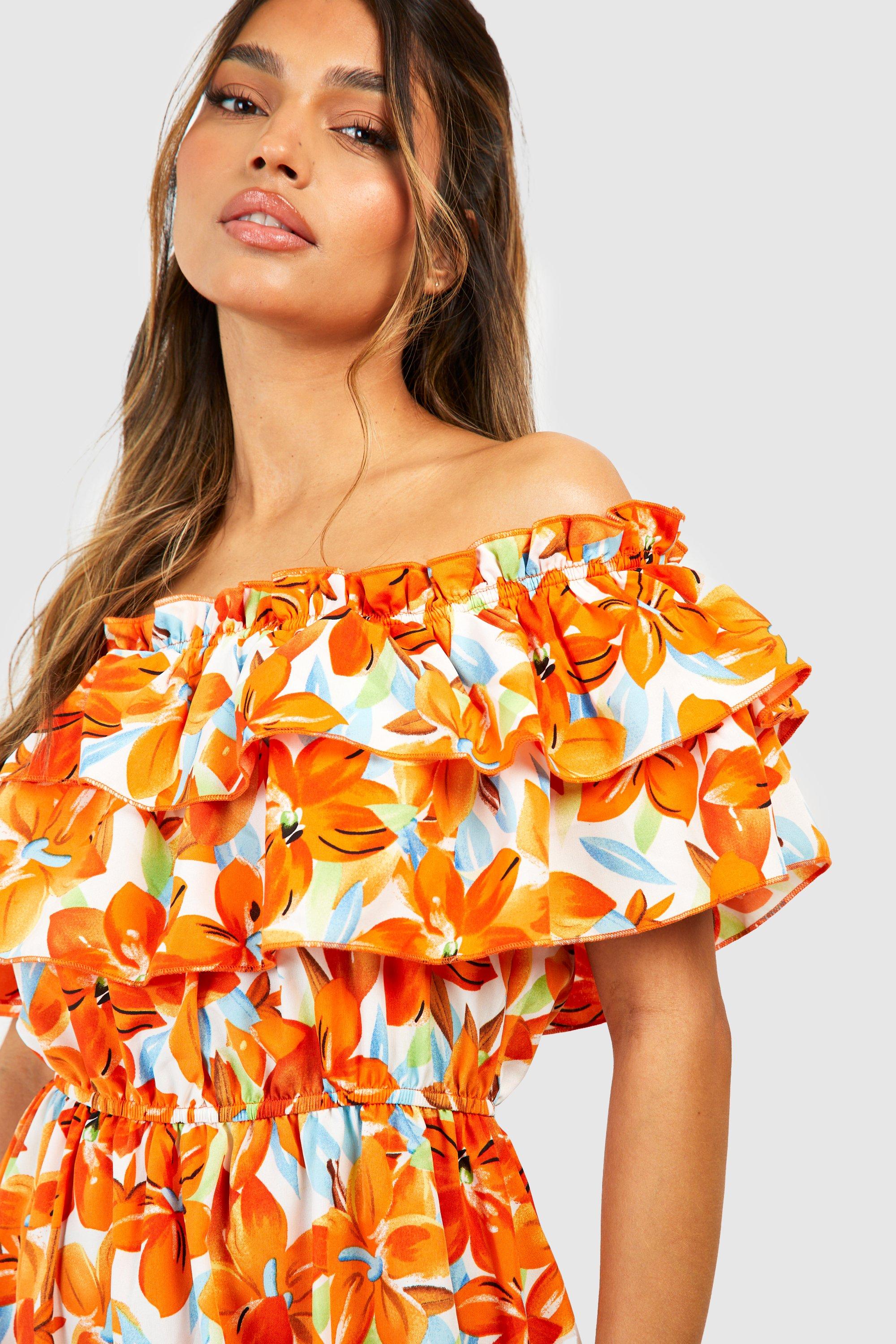 Orange floral off 2025 the shoulder dress