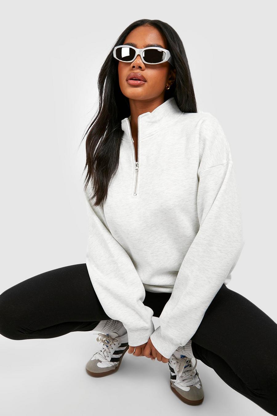 Basic Oversize Sweatshirt mit halbem Reißverschluss, Ash grey