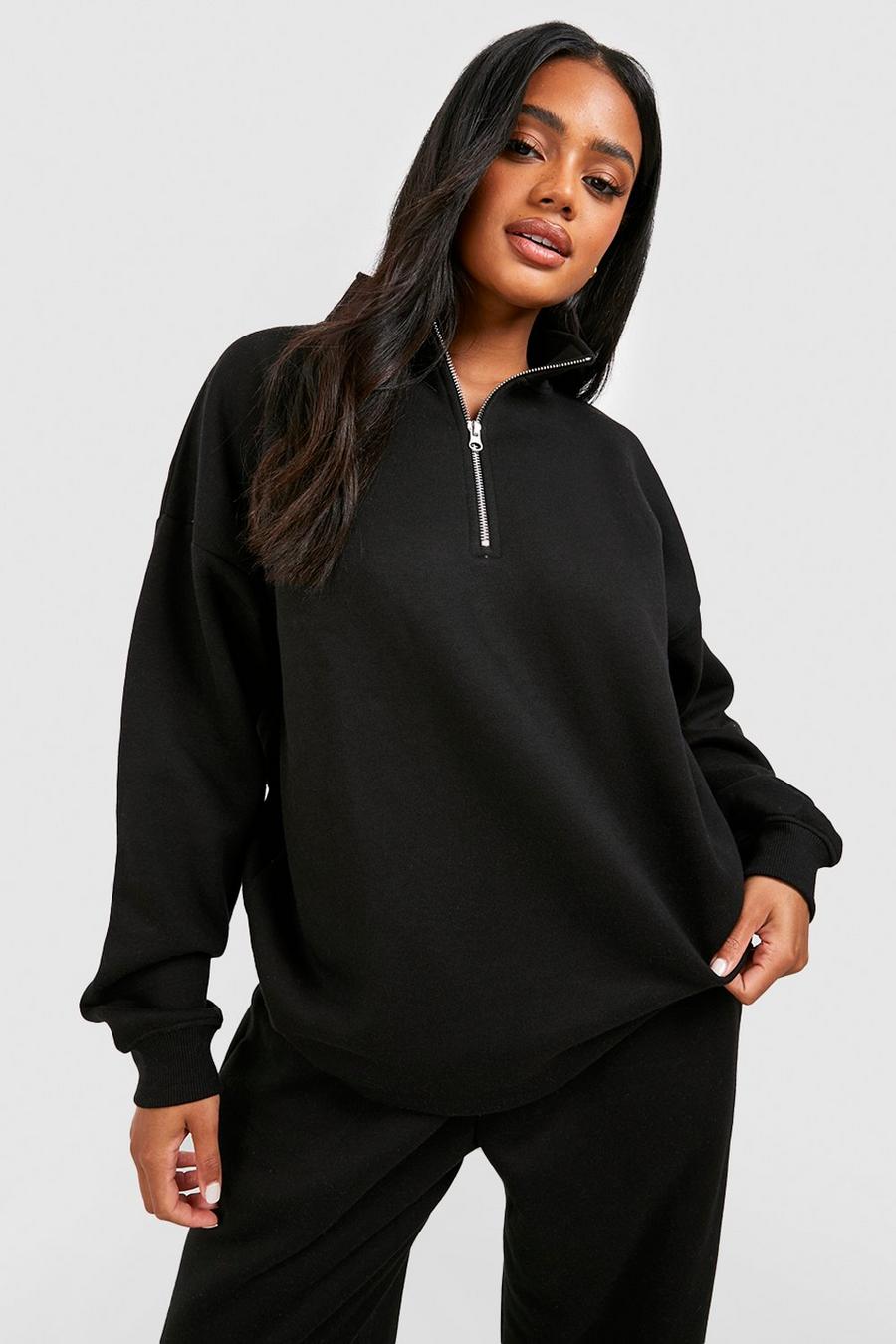 Basic Oversize Sweatshirt mit halbem Reißverschluss, Black