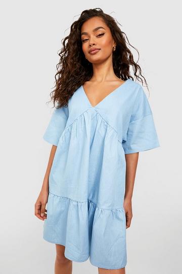 Plunge Chambray Smock Dress light blue