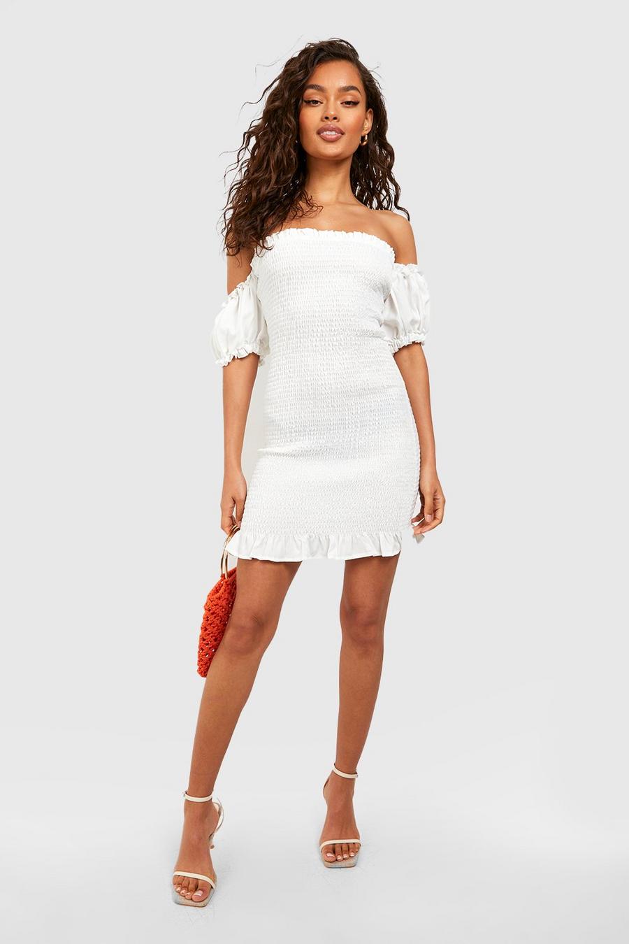White Shirred Off The Shoulder Chambray Mini Dress