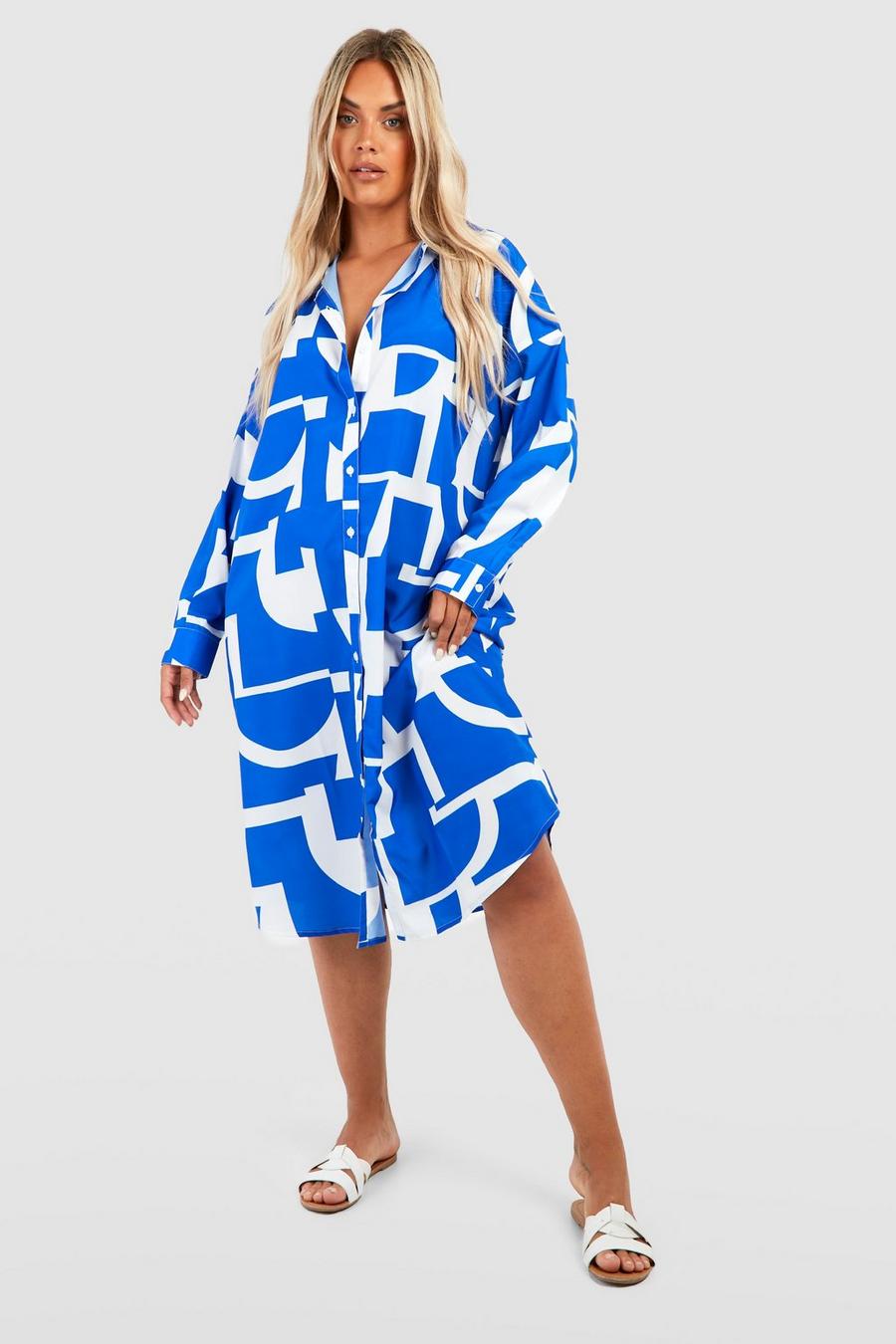 Blue Plus Satin Geo Print Midi Shirt Dress image number 1