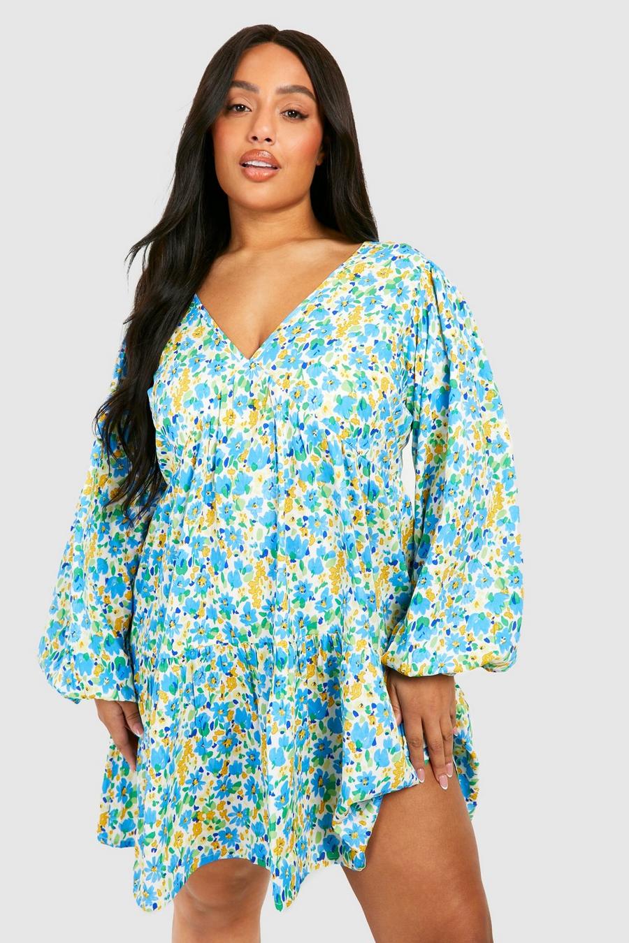 Blue Plus Floral Tiered Smock Dress