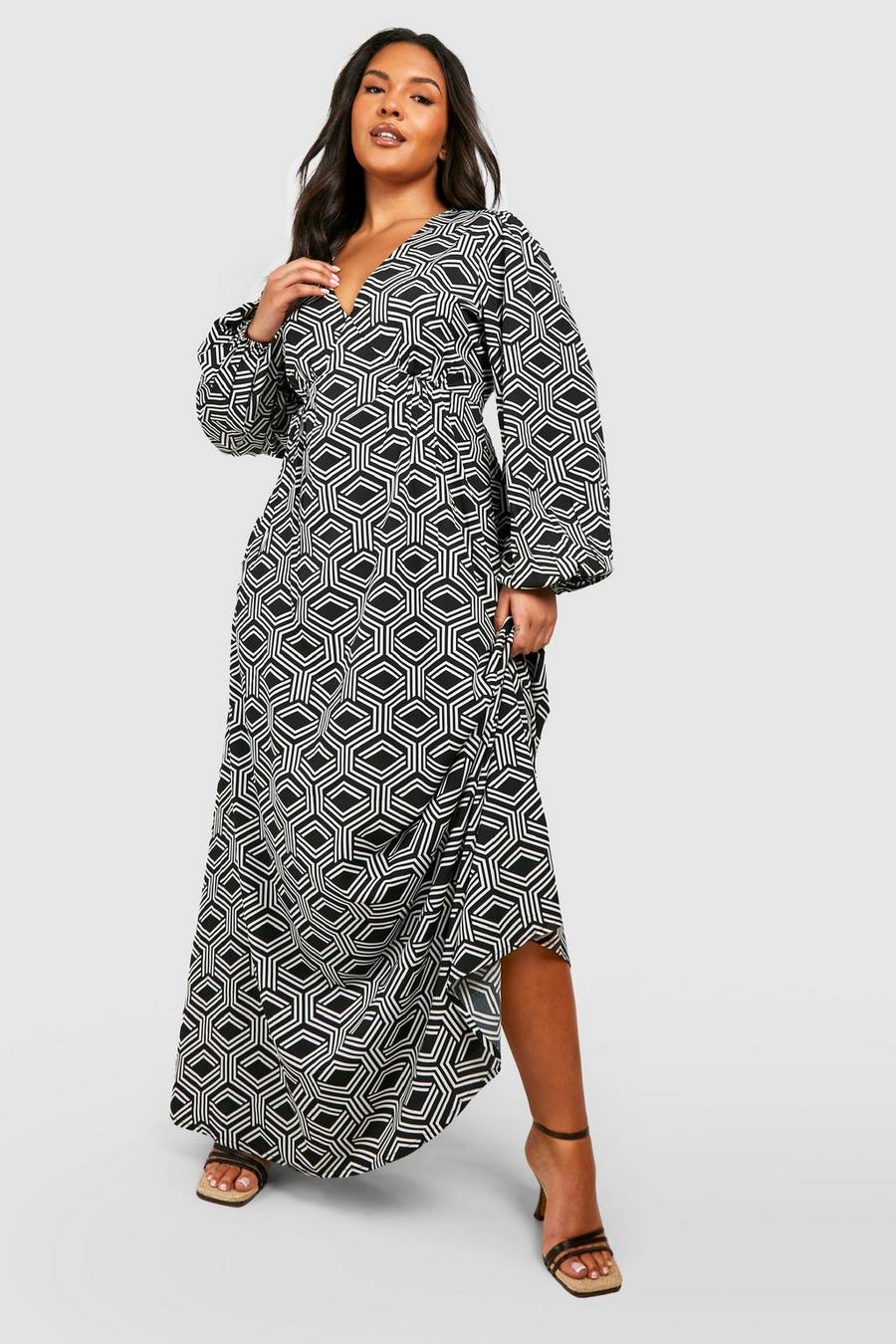 Vestito maxi Plus Size con stampa di motivi geometrici monocromatici, Black image number 1