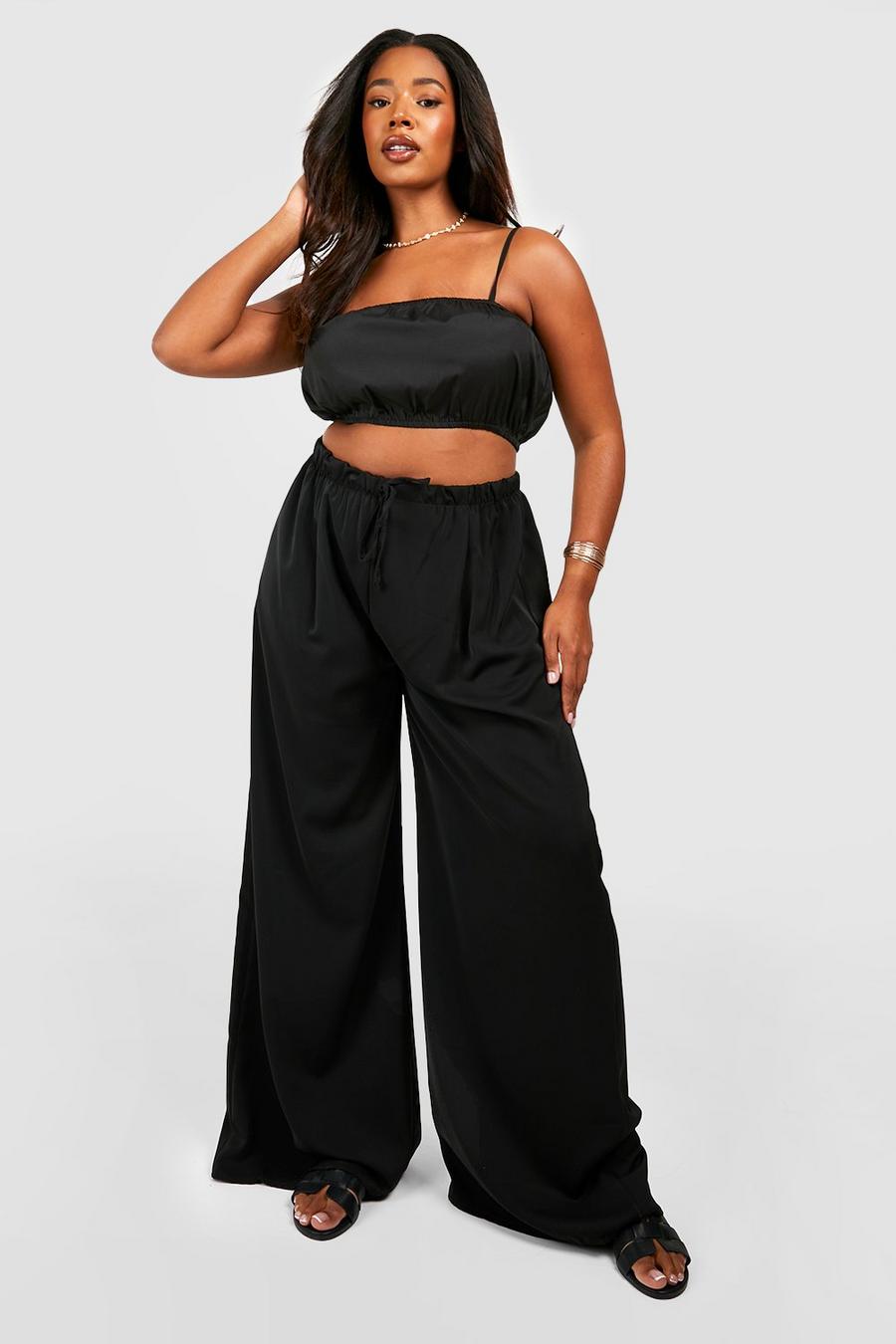 Black Plus Woven Lightweight Palazzo Trousers   image number 1