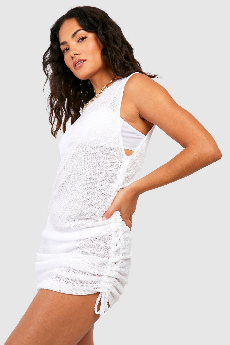White Crochet Knit Ruched Beach Mini Courtclassic dress image number 1