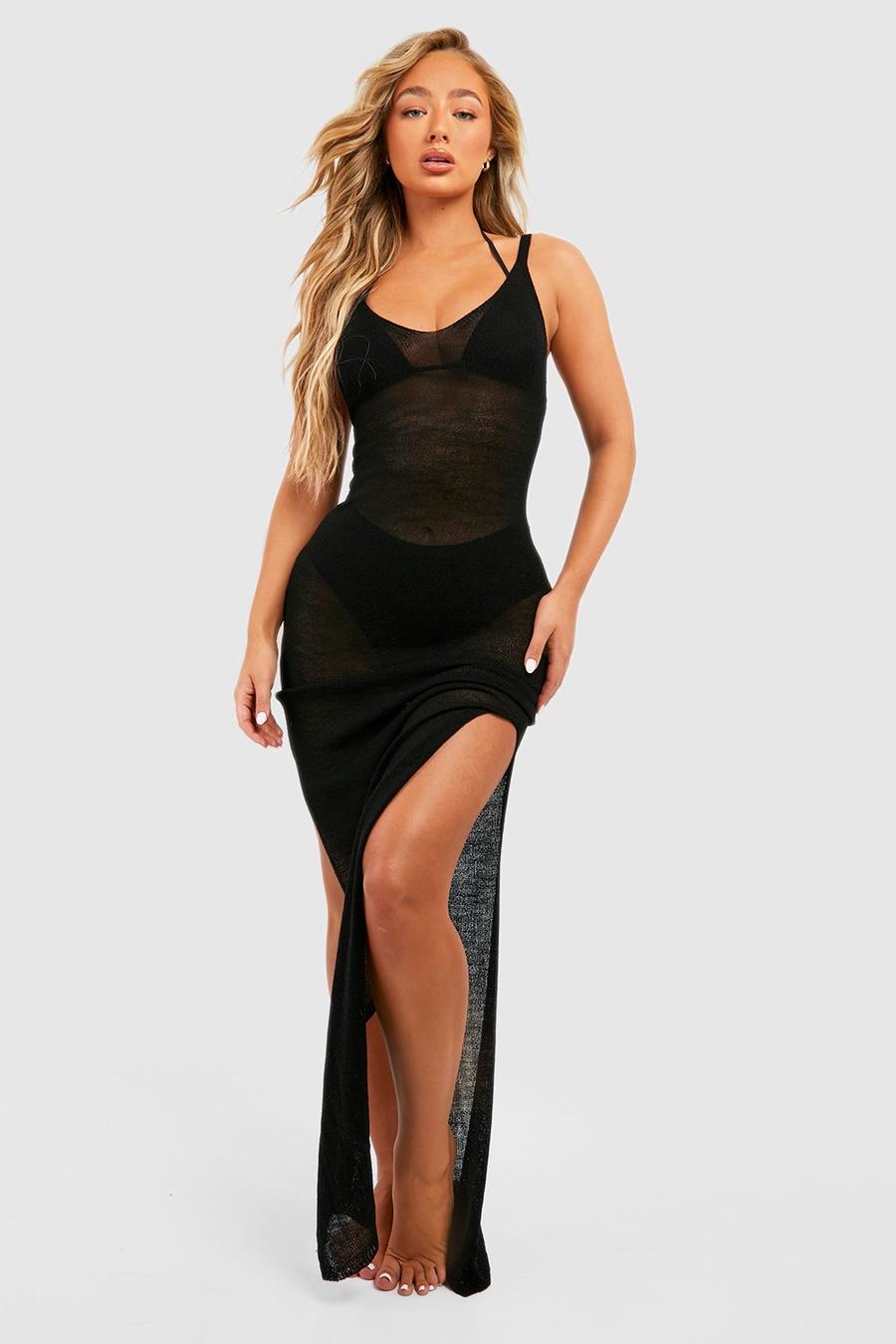 Black Crochet Knit Strappy Beach Maxi Dress image number 1