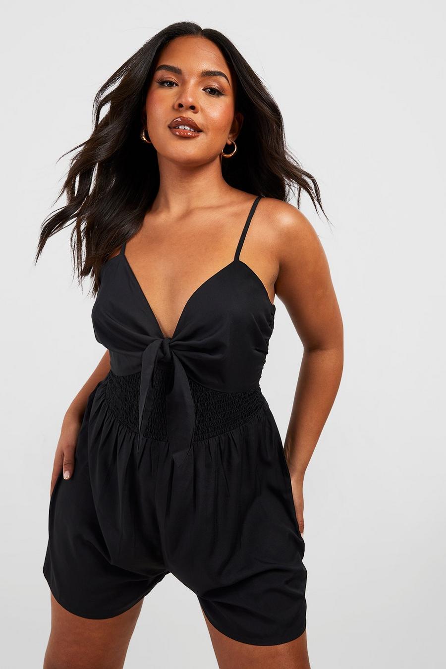 Black Plus Strappy Beach Knot Front Playsuit image number 1