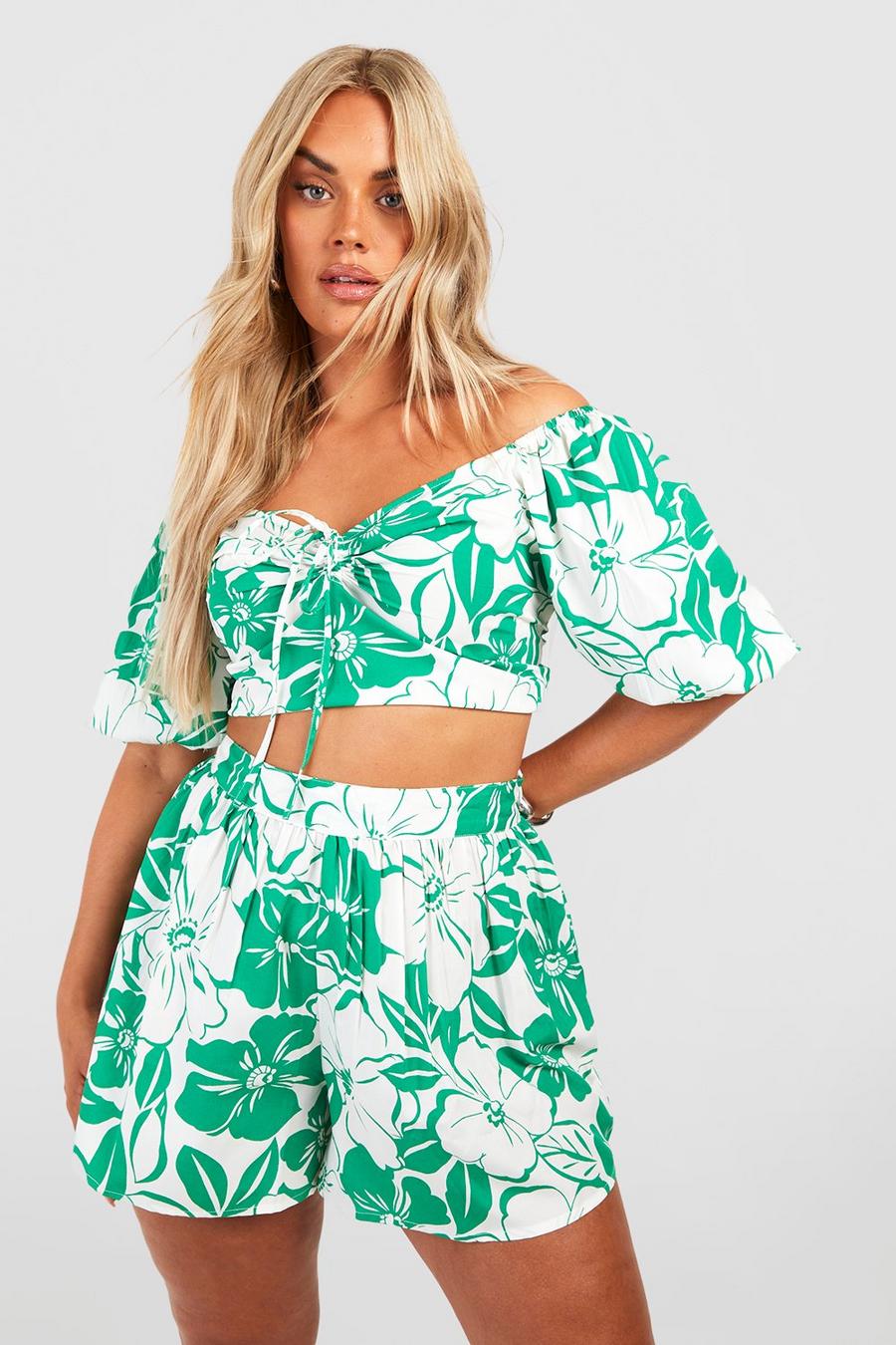 Green Plus Woven Hawaiian Print Puff Sleeve Crop Top