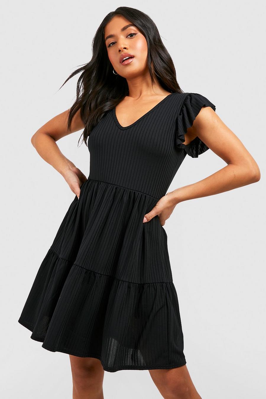 Black Petite Ribbad klänning med volanger image number 1