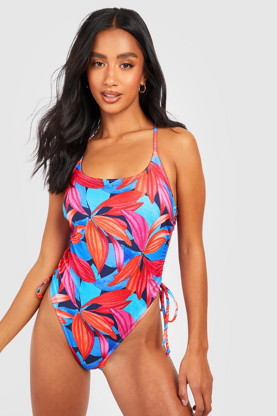 Black Petite Tropical Ruched Sides Swimsuit image number 1