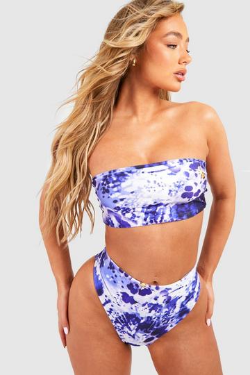 Tie Dye Bandeau High Waisted Bikini Set purple