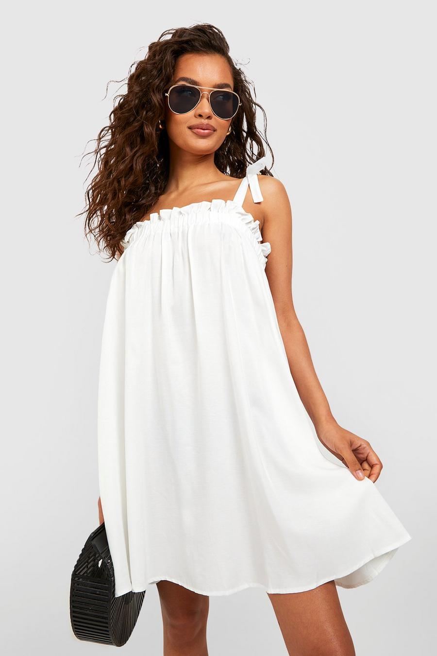 Vestido holgado de cambray con atadura, White image number 1
