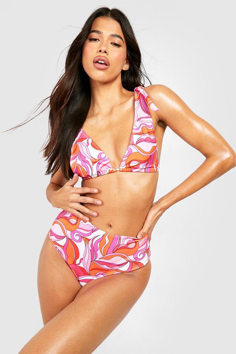 Tall Pink Abstract Tie Shoulder Plunge High Waist Bikini Set image number 1